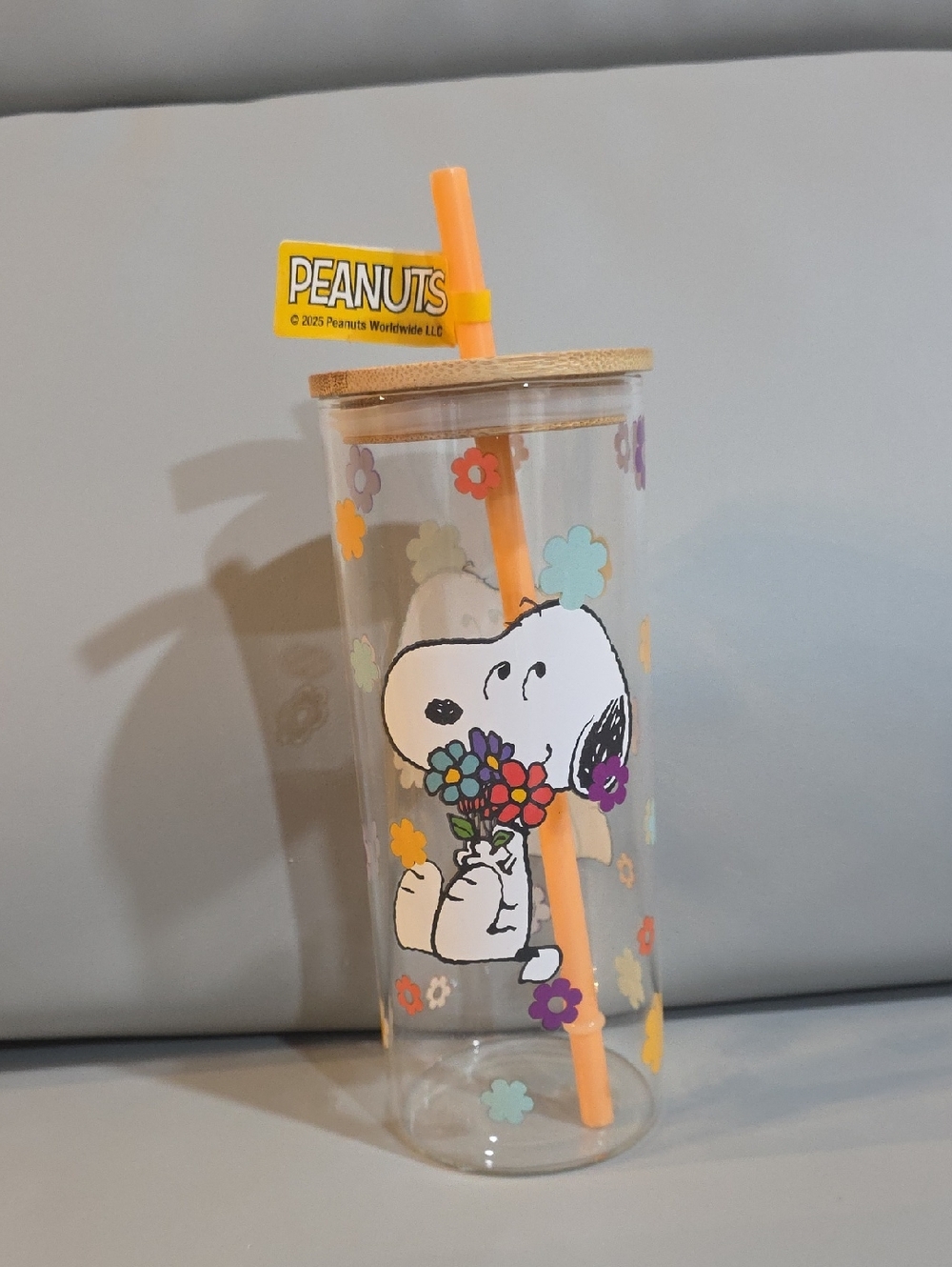 Peanuts Snoopy and Flowers Glass Tumbler With Straw And Bamboo Gasketed Lid NWT